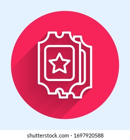 White line Cinema ticket icon isolated with long shadow. Red circle button. Vector Illustration