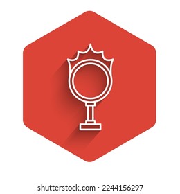 White line Circus fire hoop icon isolated with long shadow. Ring of fire flame. Round fiery frame. Red hexagon button. Vector