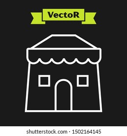 White line Circus tent icon isolated on black background. Carnival camping tent. Amusement park.  Vector Illustration