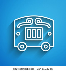 White line Circus wagon icon isolated on blue background. Circus trailer, wagon wheel. Long shadow. Vector
