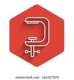 White line Clamp and screw tool icon isolated with long shadow. Locksmith tool. Red hexagon button. Vector Illustration
