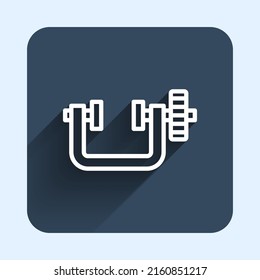 White line Clamp and screw tool icon isolated with long shadow background. Locksmith tool. Blue square button. Vector