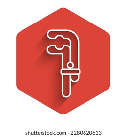 White line Clamp tool icon isolated with long shadow. Locksmith tool. Red hexagon button. Vector Illustration