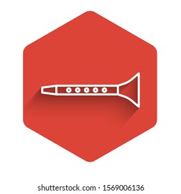 White line Clarinet icon isolated with long shadow. Musical instrument. Red hexagon button. Vector Illustration