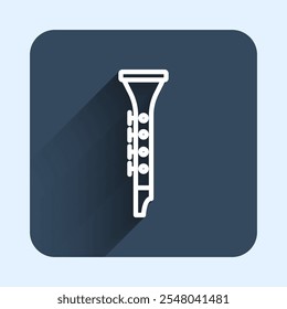 White line Clarinet icon isolated with long shadow background. Musical instrument. Blue square button. Vector