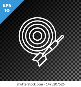 White line Classic dart board and arrow icon isolated on transparent dark background. Dartboard sign. Game concept.  Vector Illustration