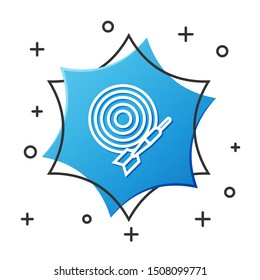 White line Classic dart board and arrow icon isolated on white background. Dartboard sign. Game concept. Blue hexagon button. Vector Illustration