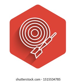 White line Classic dart board and arrow icon isolated with long shadow. Dartboard sign. Game concept. Red hexagon button. Vector Illustration