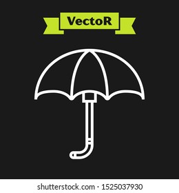 White line Classic elegant opened umbrella icon isolated on black background. Rain protection symbol.  Vector Illustration