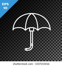 White line Classic elegant opened umbrella icon isolated on transparent dark background. Rain protection symbol.  Vector Illustration