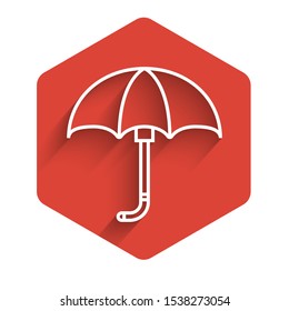 White line Classic elegant opened umbrella icon isolated with long shadow. Rain protection symbol. Red hexagon button. Vector Illustration