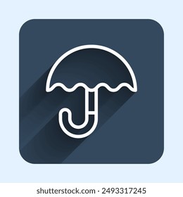 White line Classic elegant opened umbrella icon isolated with long shadow background. Rain protection symbol. Blue square button. Vector