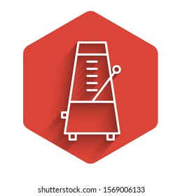 White line Classic Metronome with pendulum in motion icon isolated with long shadow. Equipment of music and beat mechanism. Red hexagon button. Vector Illustration