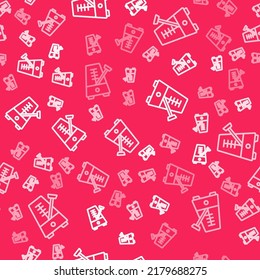 White line Classic Metronome with pendulum in motion icon isolated seamless pattern on red background. Equipment of music and beat mechanism.  Vector