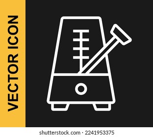 White line Classic Metronome with pendulum in motion icon isolated on black background. Equipment of music and beat mechanism.  Vector
