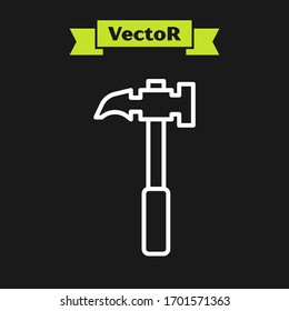 White line Claw hammer icon isolated on black background. Carpenter hammer. Tool for repair.  Vector Illustration