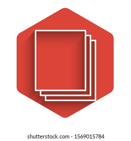 White line Clean paper icon isolated with long shadow. File icon. Checklist icon. Business concept. Red hexagon button. Vector Illustration