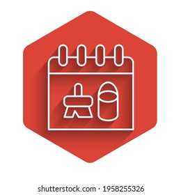 White line Cleaning calendar icon isolated with long shadow. Red hexagon button. Vector