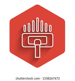 White line Cleaning service icon isolated with long shadow. Vacuum cleaner head in circle, carpet cleaning logo. Red hexagon button. Vector Illustration