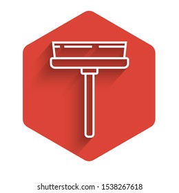 White line Cleaning service with of rubber cleaner for windows icon isolated with long shadow. Squeegee, scraper, wiper. Red hexagon button. Vector Illustration