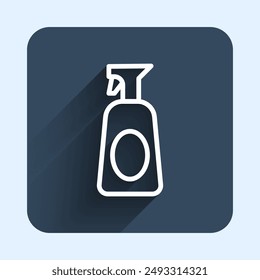 White line Cleaning spray bottle with detergent liquid icon isolated with long shadow background. Blue square button. Vector