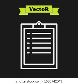 White line Clipboard with checklist icon isolated on black background.  Vector Illustration
