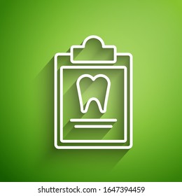 White line Clipboard with dental card or patient medical records icon isolated on green background. Dental insurance. Dental clinic report.  Vector Illustration