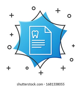 White line Clipboard with dental card or patient medical records icon isolated on white background. Dental insurance. Dental clinic report. Blue hexagon button. Vector Illustration