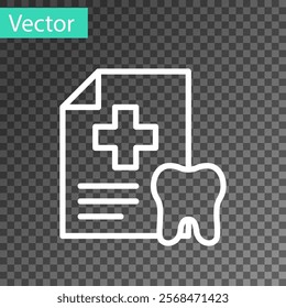 White line Clipboard with dental card or patient medical records icon isolated on transparent background. Dental insurance. Dental clinic report.  Vector