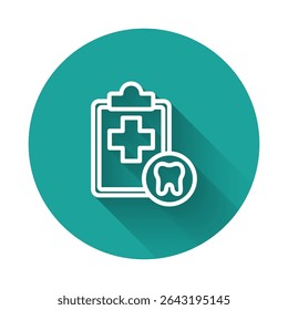White line Clipboard with dental card or patient medical records icon isolated with long shadow. Dental insurance. Dental clinic report. Green circle button. Vector