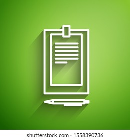 White line Clipboard with document icon isolated on green background.  Vector Illustration