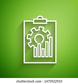 White line Clipboard with graph chart icon isolated on green background. Report text file icon. Accounting sign for Audit, analysis, planning.  Vector Illustration