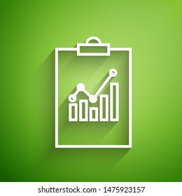 White line Clipboard with graph chart icon isolated on green background. Report text file icon. Accounting sign. Audit, analysis or planning.  Vector Illustration