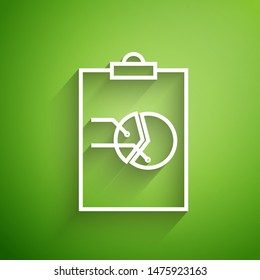 White line Clipboard with graph chart icon isolated on green background. Report text file icon. Accounting sign. Audit, analysis or planning.  Vector Illustration