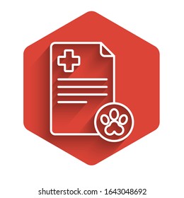 White line Clipboard with medical clinical record pet icon isolated with long shadow. Health insurance form. Medical check marks report. Red hexagon button. Vector Illustration