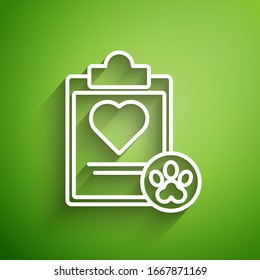 White line Clipboard with medical clinical record pet icon isolated on green background. Health insurance form. Medical check marks report.  Vector Illustration