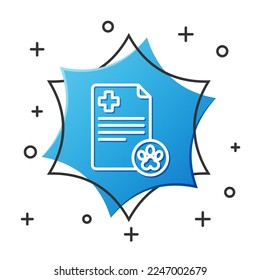 White line Clipboard with medical clinical record pet icon isolated on white background. Health insurance form. Medical check marks report. Blue hexagon button. Vector Illustration