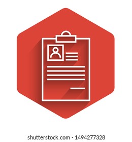 White line Clipboard with resume icon isolated with long shadow. CV application. Curriculum vitae, job application form with profile photo.  Red hexagon button. Vector Illustration
