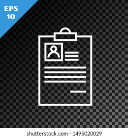 White line Clipboard with resume icon isolated on transparent dark background. CV application. Curriculum vitae, job application form with profile photo.   Vector Illustration
