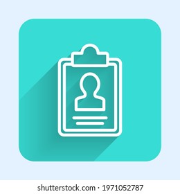 White line Clipboard with resume icon isolated with long shadow. CV application. Curriculum vitae, job application form with profile photo. Green square button. Vector