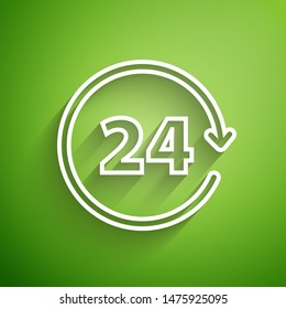 White line Clock 24 hours icon isolated on green background. All day cyclic icon. 24 hours service symbol.  Vector Illustration