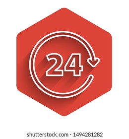 White line Clock 24 hours icon isolated with long shadow. All day cyclic icon. 24 hours service symbol. Red hexagon button. Vector Illustration