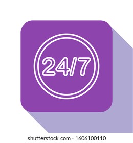 White line Clock 24 hours icon isolated on white background. All day cyclic icon. 24 hours service symbol. Purple square button. Vector Illustration