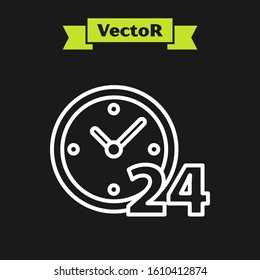 White line Clock 24 hours icon isolated on black background. All day cyclic icon. 24 hours service symbol.  Vector Illustration