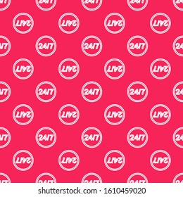 White line Clock 24 hours icon isolated seamless pattern on red background. All day cyclic icon. 24 hours service symbol.  Vector Illustration
