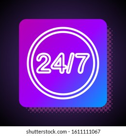 White line Clock 24 hours icon isolated on black background. All day cyclic icon. 24 hours service symbol. Square color button. Vector Illustration