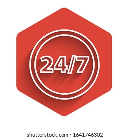 White line Clock 24 hours icon isolated with long shadow. All day cyclic icon. 24 hours service symbol. Red hexagon button. Vector Illustration