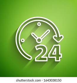 White line Clock 24 hours icon isolated on green background. All day cyclic icon. 24 hours service symbol.  Vector Illustration