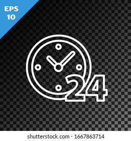 White line Clock 24 hours icon isolated on transparent dark background. All day cyclic icon. 24 hours service symbol.  Vector Illustration