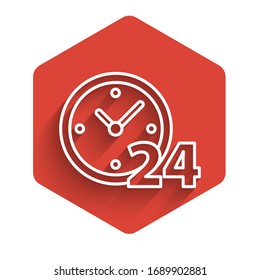 White line Clock 24 hours icon isolated with long shadow. All day cyclic icon. 24 hours service symbol. Red hexagon button. Vector Illustration